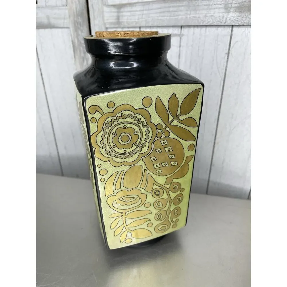 Vintage Hand Painted Ceramic Vase Metallic Floral Design 70s Green Black